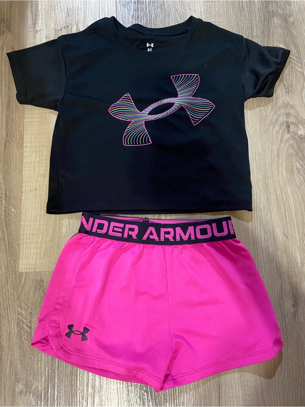 Under Armour Black Cropped Tee with Neon Logo & Hot Pink Performance Shorts